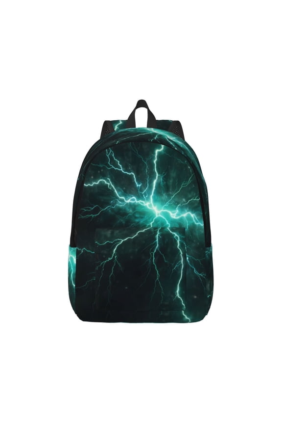 Green Lightning Flash Print Canvas College Laptop Backpack, Durable Rucksack Travel Notebook Bag School Backpack Book Bag for Men Women-Medium
