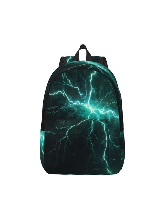 Green Lightning Flash Print Canvas College Laptop Backpack, Durable Rucksack Travel Notebook Bag School Backpack Book Bag for Men Women-Medium