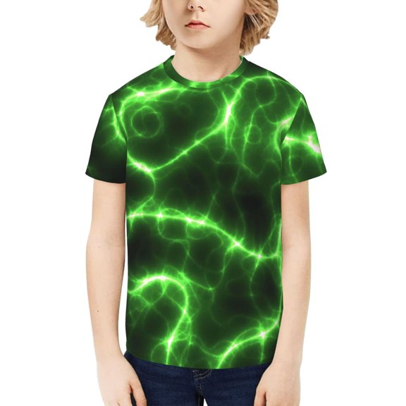 Honeii Green Lightning Print Kids Boy T-Shirt,Breathable Round Neck Tee,Stylish Summer Tee for Boys, for Outdoor Activities and Casual Wear