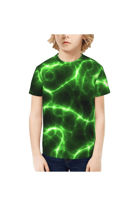 Green Lightning Print Kids Boy T-Shirt,Breathable Round Neck Tee,Stylish Summer Tee for Boys, for Outdoor Activities and Casual Wear