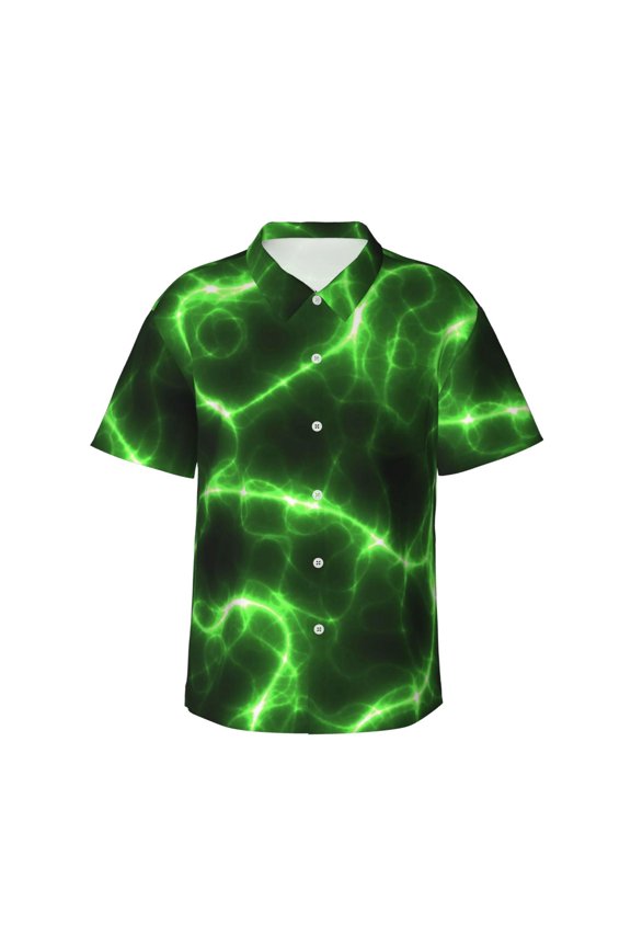 Green Lightning Print Men’s Hawaiian Shirt,Classic Button-Down Short Sleeve Shirt, for Beach, Vacation, and Outdoor Activities,Medium