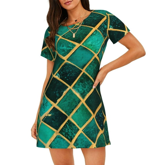 Honeii Green Mosaic Glass Print Women's Loose Short Sleeve Nightgown, Soft Cotton Sleepwear, Comfy Loose Fit Pajama Dress for Sleep and Lounge