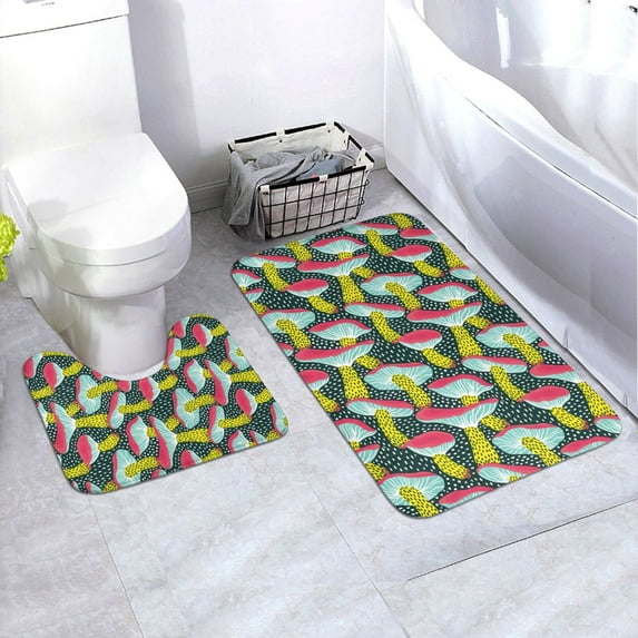 Honeii Green Mushroom Pattern Bathroom Anti-Skid Pad Bathroom Mat Vintage Seamless Pattern Not-Slip Toilet Rug Set