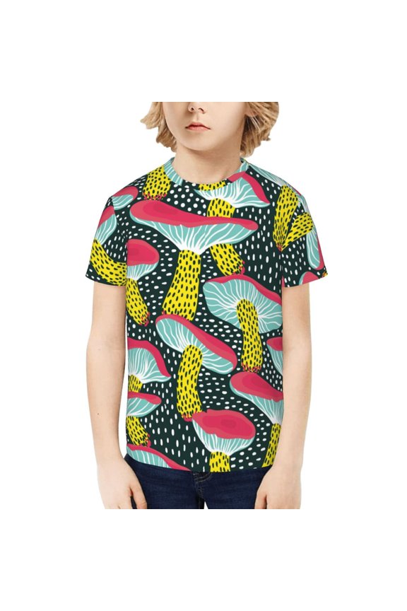 Green Mushroom Print Kids Boy T-Shirt,Breathable Round Neck Tee,Stylish Summer Tee for Boys, for Outdoor Activities and Casual Wear