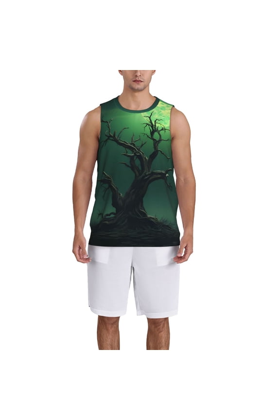 Green Night Sky Moon Branches print basktball shirt for men and women, Unisex basketball jersey for Theme party-X-Large