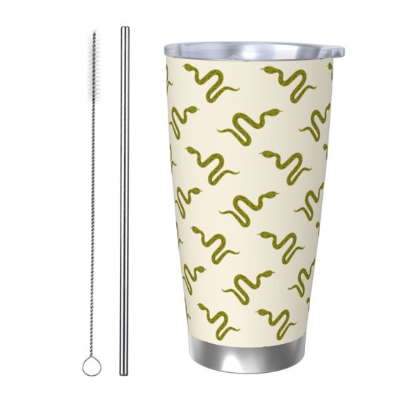 Honeii Green Snake Print 20OZ Car Cup, Insulated Stainless Steel Travel Mug with Lid and Straw, Keep Your Drinks Hot and Cold-Straw Two-piece Set