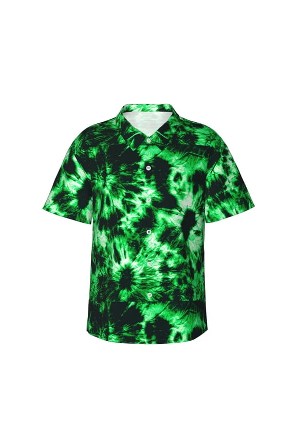 Green Tie Dye Print Men’s Hawaiian Shirt,Classic Button-Down Short Sleeve Shirt, for Beach, Vacation, and Outdoor Activities,3X-Large