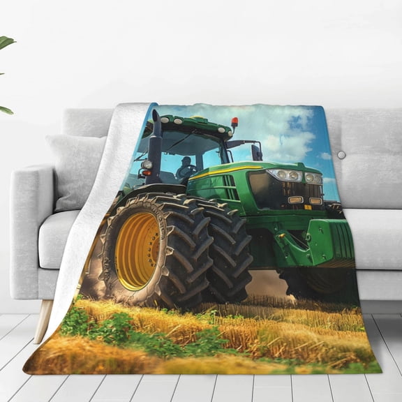 Honeii Green Tractor Field Print Fleece Blanket - Throw Blanket for Bed, Sofa, Couch, Camping, and Travel , Microplush Ultra Soft Warm Blanket-80"x60"