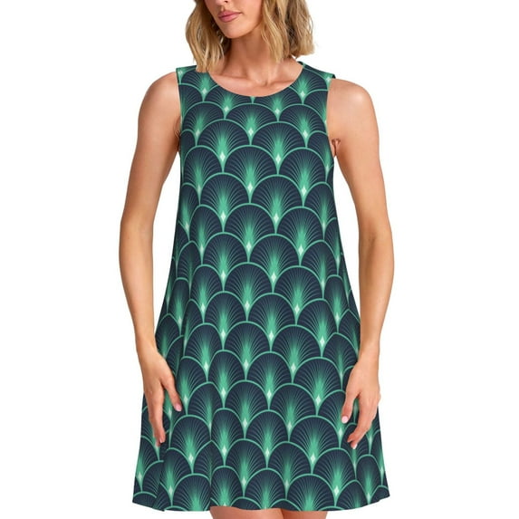 Honeii Green Vintage Peacock Print Women's Sleeveless Dress, Loose Fit Casual Dress for Women, Summer Fashion Dress