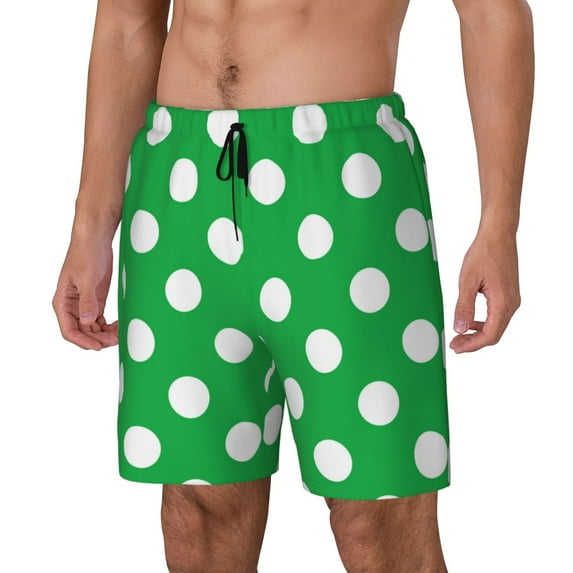 Honeii Green And White Polka Dot Print Men's Swim Shorts,Mens Swim Trunks,Breathable Mesh Beach Shorts for Swimming,Surfing, and Beach Activities-Medium