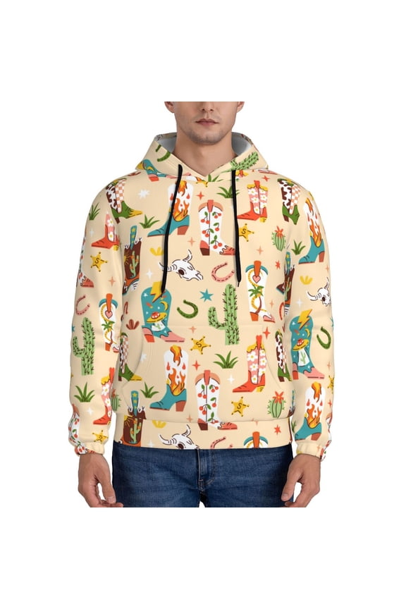 Groovy American Western Footwear Pattern Mens Hoodies Men's Loose Sleeve Sweatshirt,Pullover Hooded Sweatshirt for Men,Essentials Hoodie-Medium