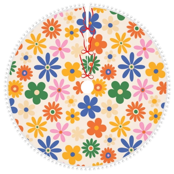 Honeii Groovy Daisy Flowers Print Christmas Tree Skirt with Pom Pom Tree Skirt Christmas Tree Mat Plush Xmas Tree Skirt for Decorations Holiday Party-