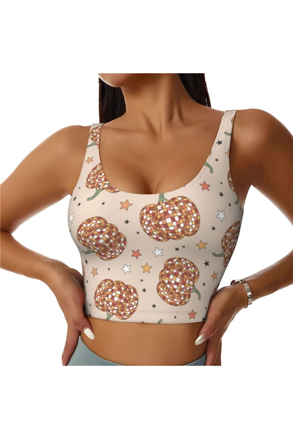 Groovy Disco Pumpkin patten Workout Crop Tank Top for Women Yoga Tank Tops Athletic Sports Shirts Exercise Undershirts,Sports Bra,Sports vest-X-Large