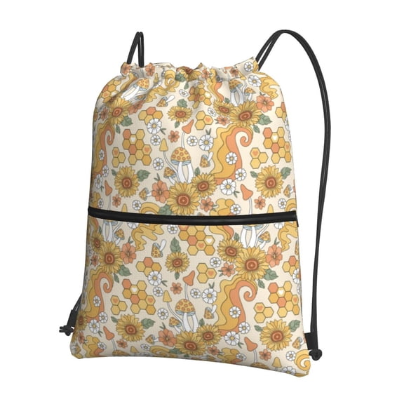 Honeii Retro 70s 60s Flower Print Drawstring Backpack,String Bag,Sackpack Cinch Water Resistant Nylon for Gym Shopping Sport Yoga