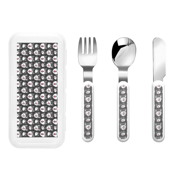 Honeii HUSKY Face Print Children's Knife, Fork And Spoon Set,Reusable Utensils Set with Case,Travel Cutlery Set,for Kids Adults Camping