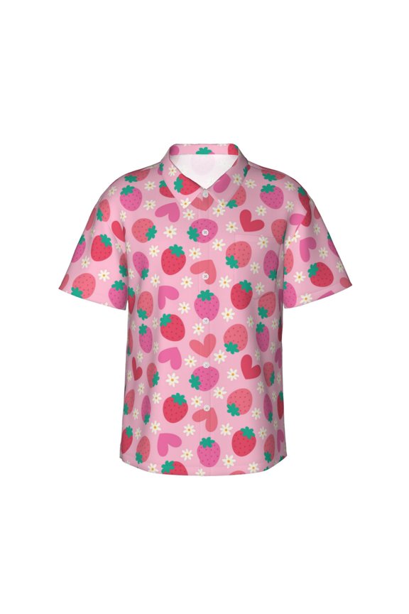 Haear Strawberry Print Men’s Hawaiian Shirt,Classic Button-Down Short Sleeve Shirt, for Beach, Vacation, and Outdoor Activities,3X-Large