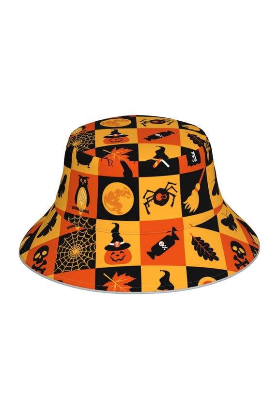 Halloween Banner Symbols for Unisex Bucket Hat Waterproof Rain Hat Reversible Shiny Rave Bucket Hat for Concert Festival Boonie Cap