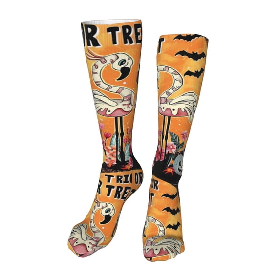 Honeii Halloween Flamingos Print Calf Socks Sports Socks Seamless Toe, Trouser Socks,Knee High Long Socks for Women and Men-One Size