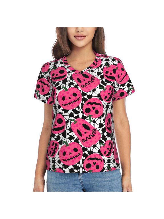 Halloween Pumpkins Print Women's Classic V-Neck T-Shirt,Womens Fashion Tops,Stylish Everyday Top for Women, Casual Summer Spring Outfits Clothes-XX-Large