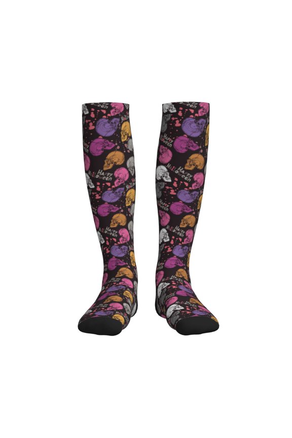 Halloween Skeleton Print Sports Compression Socks,Running Crew Socks,Moisture-Wicking Anti-Blister Hiking&Gym Athletic