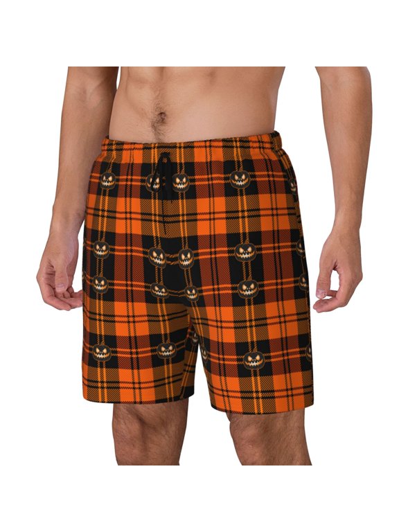 Halloween Tartan Plaid Print Men's Swim Shorts,Mens Swim Trunks,Breathable Mesh Beach Shorts for Swimming,Surfing, and Beach Activities-3X-Large
