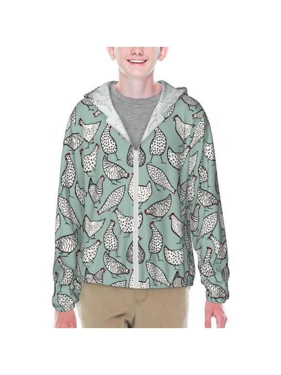 Hand Drawn Chickens Print Sun Protection Jacket Hooded Cooling Shirt with Pockets Hiking Outdoor Performance-Small