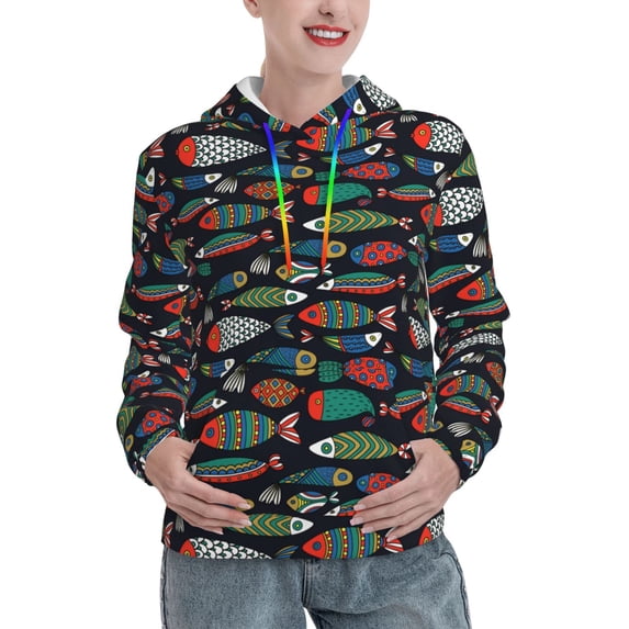 Honeii Hand Drawn Colorful Fishes Pattern Womens Oversized Hoodies Long Sleeve Sweatshirts Pullover Fall Outfits with Pocket-XX-Large