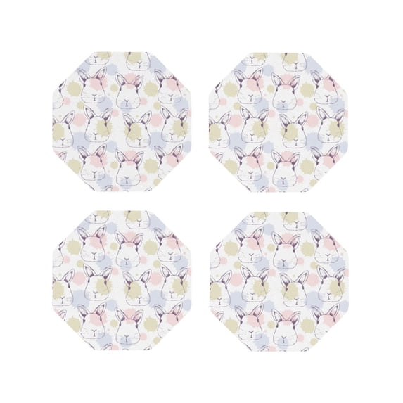 Honeii Hand Drawn Rabbit print Leather Coaster Set of 4, ideal for safeguarding your furniture from drinks spills and effortless cleanup-Octagon