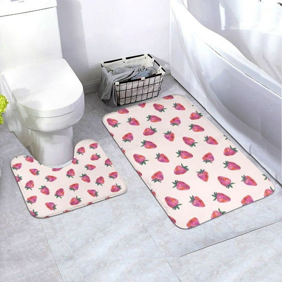 Honeii Hand Drawn Strawberry Pattern Bathroom Anti-Skid Pad Bathroom Mat Vintage Seamless Pattern Not-Slip Toilet Rug Set