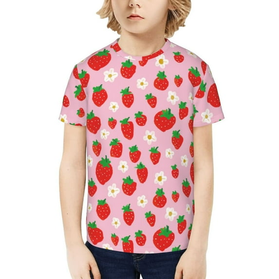 Honeii Hand Drawn Strawberry Print Kids Boy T-Shirt,Breathable Round Neck Tee,Stylish Summer Tee for Boys, for Outdoor Activities and Casual Wear