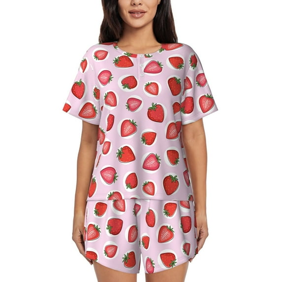 Honeii Hand Drawn Strawberry for Women's Summer Pajama Set featuring Soft Short Sleeve Shirt & Matching Bottoms with Convenient Pockets for Relaxed Home Wear-X-Large