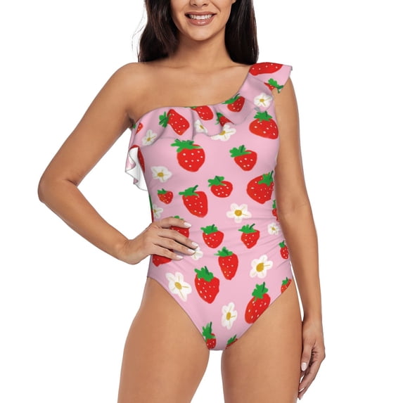 Honeii Hand Drawn Strawberry for women's one-piece swimsuit featuring a chic one-shoulder design experience elegance and style in the water-XX-Large