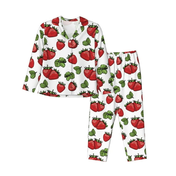 Honeii Hand Drawn Strawberry print Women's Pajama Sets Long Sleeve Button Down Sleepwear Nightwear Soft Pjs Lounge Sets-Medium