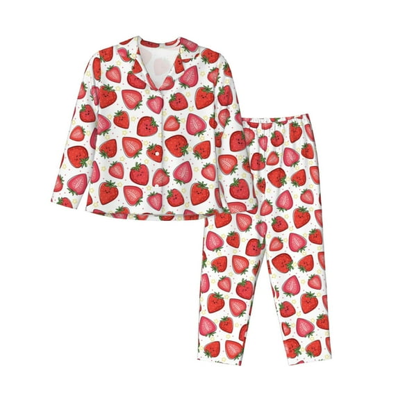 Honeii Hand Drawn Strawberry print Women's Pajama Sets Long Sleeve Button Down Sleepwear Nightwear Soft Pjs Lounge Sets-