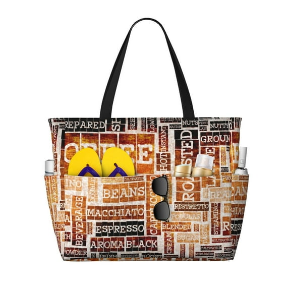 Honeii Hand Drawn Vintage Coffee for Tote Bag with Adjustable Strap,Beach Bag, Waterproof Sandproof Beach Tote Bag, Large Capacity Foldable Beach Bags
