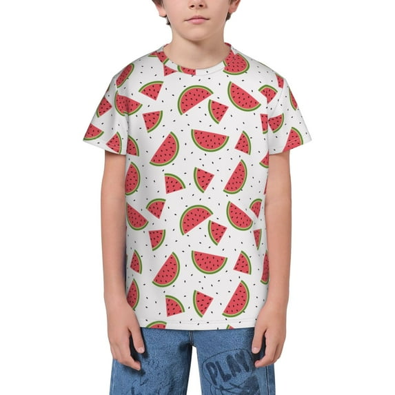 Honeii Hand Drawn Watermelon Print Youth Short Sleeve T-Shirt,Boys Athletic Shirt,Quick Dry Short Sleeve Performance Moisture Wicking T Shirt