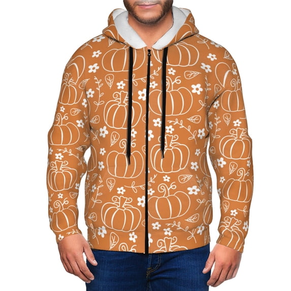Honeii Hand-drawn Pumpkin with Flowers Print Hoodies for Men, Pullover & Full Zip, Breathable Zip up Hoodie, Sweatshirt-3X-Large