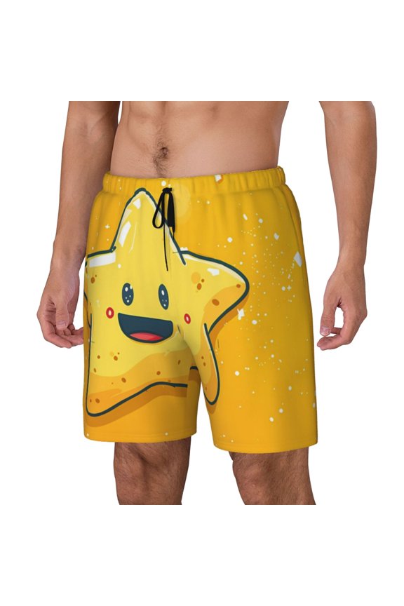 Happy Cartoon Star Print Men's Swim Shorts,Mens Swim Trunks,Breathable Mesh Beach Shorts for Swimming,Surfing, and Beach Activities-XX-Large
