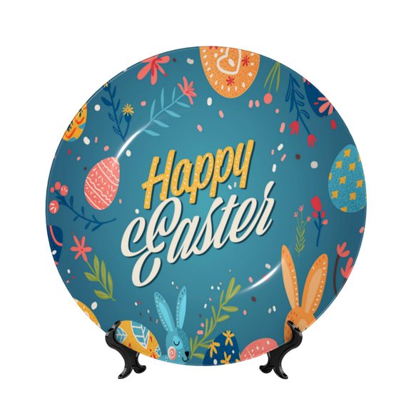 Honeii Happy Easter Print Elegant Bone China Decorative Plate, Porcelain Plate,Art Crafts,Ceramic Ornaments for Home Office Wall Decor-6in
