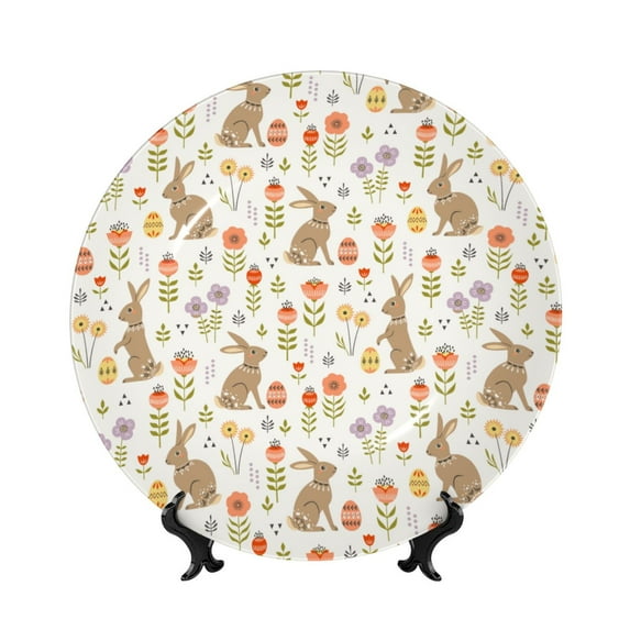 Honeii Happy Easter Print Elegant Bone China Decorative Plate, Porcelain Plate,Art Crafts,Ceramic Ornaments for Home Office Wall Decor-8in
