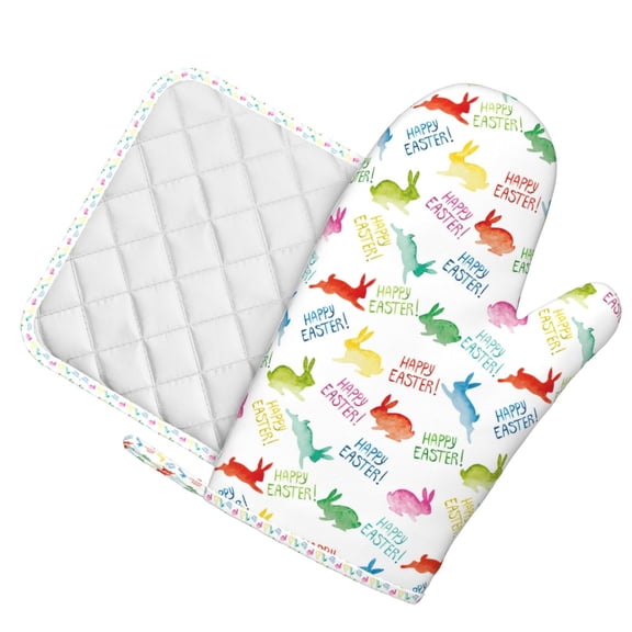 Honeii Happy Easter Rabbit patten Oven Mitts and Pot Holders Sets, Baker Oven Mitts, Mittens for Kitchen Decor, Baking Lover over Gloves Gifts