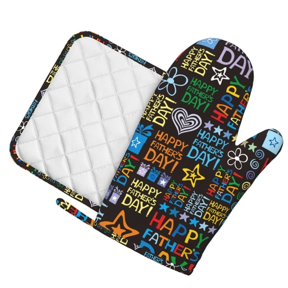 Honeii Happy Father Day patten Oven Mitts and Pot Holders Sets, Baker Oven Mitts, Mittens for Kitchen Decor, Baking Lover over Gloves Gifts