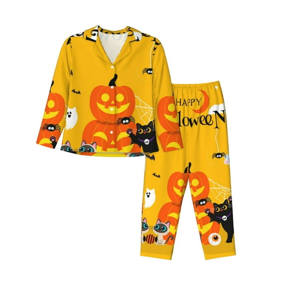 Honeii Happy Halloween1 Print Women's Pajama Sets Long Sleeve Button Down Sleepwear Nightwear Soft Pjs Lounge Sets 2PCS-XX-Large