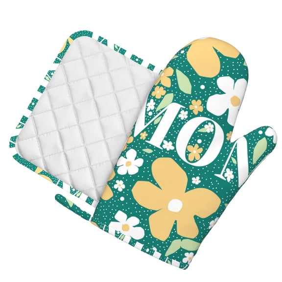 Honeii Happy Mother's Day1 patten Oven Mitts and Pot Holders Sets, Baker Oven Mitts, Mittens for Kitchen Decor, Baking Lover over Gloves Gifts