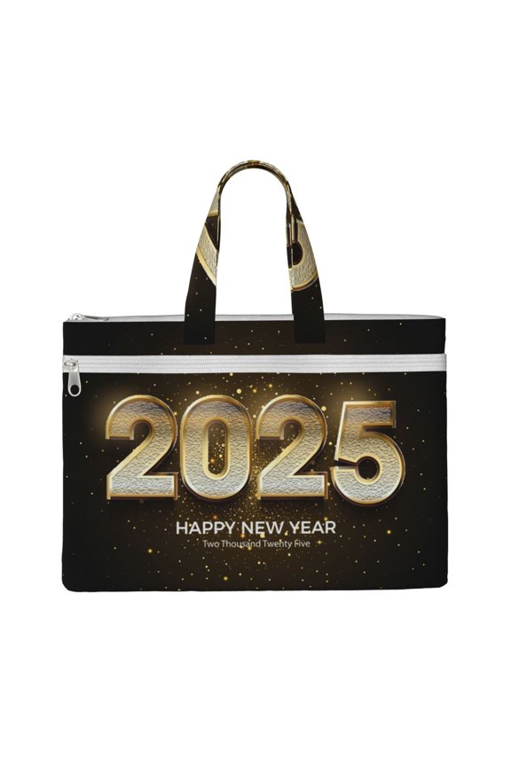 Happy New Year 2025 E Print Canvas Tote Bag with Compartments Laptop Tote Bag Large Tote Bag