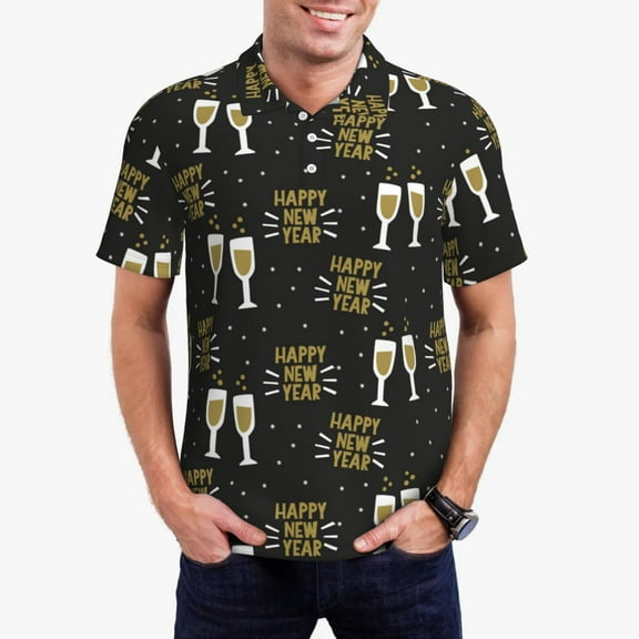 Honeii Happy New Year print Polo Shirt, a classic short-sleeved, button-down golf shirt designed for menSmall