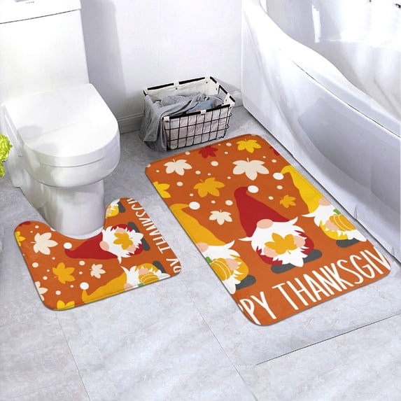 Honeii Happy Thanksgiving Three Gnomes Pattern Bathroom Anti-Skid Pad Bathroom Mat Vintage Seamless Pattern Not-Slip Toilet Rug Set