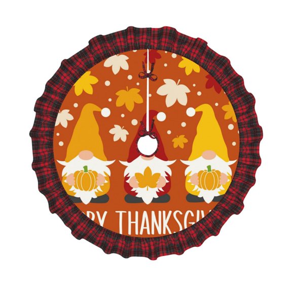 Honeii Happy Thanksgiving Three Gnomes Pattern Christmas Tree Skirt, Christmas Ribbon Holly Winter Holiday Tree Mat Decoration-30"