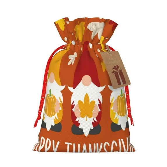 Honeii Happy Thanksgiving Three Gnomes Print Small Burlap Bags,Christmas Drawstring Treat Bags Gift Bags Reusable Candy Goodie Wrapping Bags for Holiday Party Favors Supplies -Small