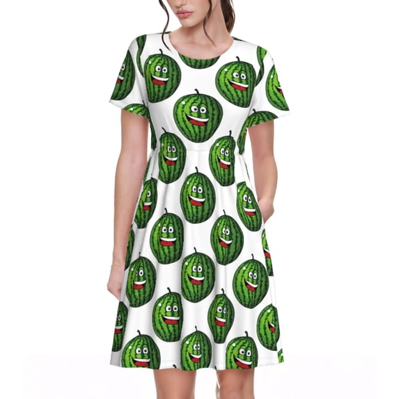Honeii Happy Watermelon Print Women’s Short Sleeve Dress, Comfortable Casual Dress, Soft Polyester Spandex Blend, Stylish Everyday Wear for Summer, Perfect for Travel and Vacation